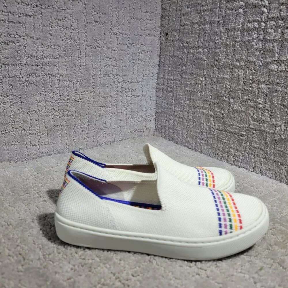 Rothy's The Kid White Rainbow Knit Slip On Sneaker Shoes Big Girl's Size US 1